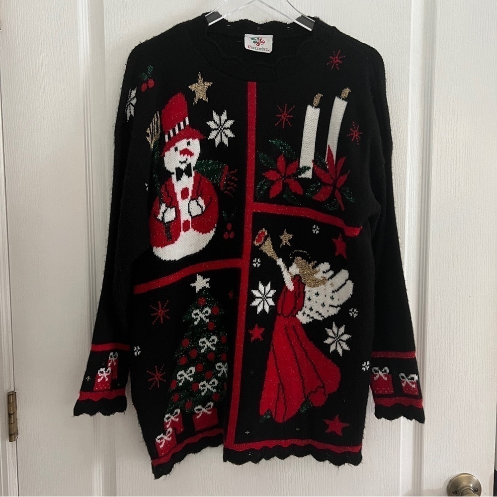 Nutcracker Christmas Winter Ugly Sweater Snowman Angel Red Green Black Women's L